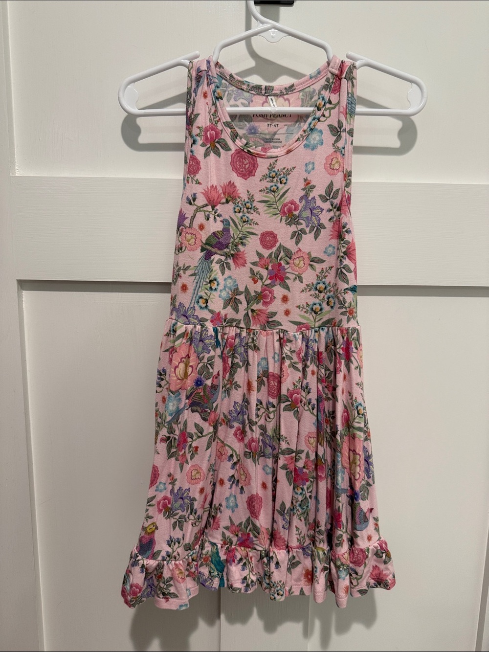 Posh Peanut Pink Floral & Bird Sleeveless Ruffle Dress